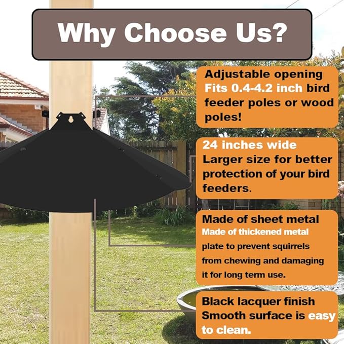 24 Inch Metal Squirrel Baffle,Adjustable Opening Size, for Up to 4x4 Wide Wooden Post,Squirrel Baffle for Bird Feeders Without Removing Bird Feeder Poles Or Shepherd's Hooks.Deep Black 1Pack
