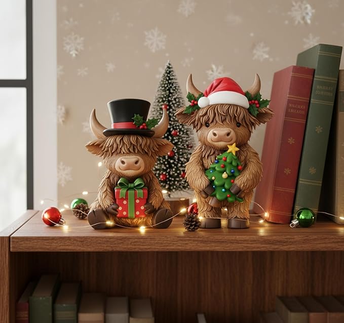 Simgoing 2 Pack Christmas Highland Cow Figurines Highland Cow Statues with Santa Hat Resin Xmas Figurine Merry Christmas Table Decoration for Winter Holiday Farmhouse Tiered Tray Garden Home Gift