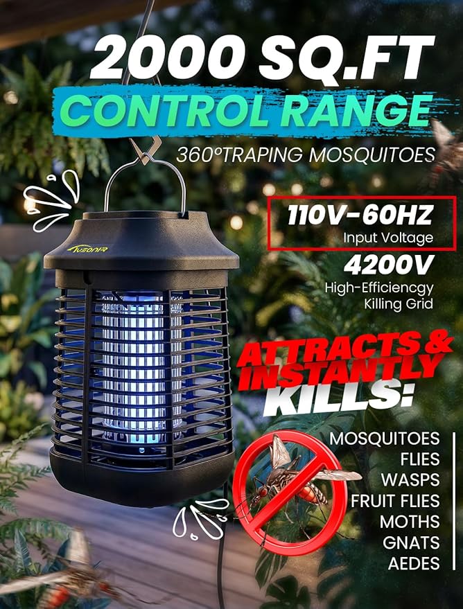 Bug Zapper, 4200V High Power Electric Mosquito Zapper for Outdoor and Indoor, Waterproof Efficient Bug Zapper for Home Kitchen Patio Camping
