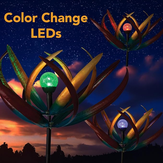 Bits and Pieces Tulip Wind Spinners Outdoor Solar Lighted Metal Wind Spinner, Large Kinetic Garden Sculptures, Crackle Glass Light, Multi-Colored Garden Decor