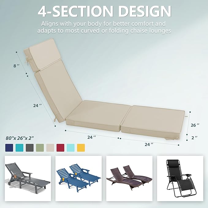 80 x 26 Inch Outdoor Chaise Lounge Cushions Set of 4 - Removable Cover, 4-Section Design, Water-Repellent & Fade-Resistant, 6 Tie Straps, Replacement for Patio & Pool Chairs - Cream