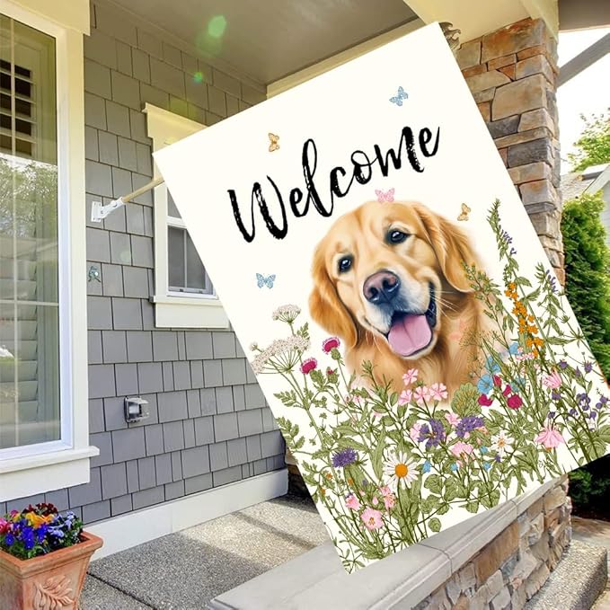 Floral Golden Retriever Garden Flag Spring Summer House Flags 28 x 40 Double Sided Flower Dog Yard Flags for Outside Large Outdoor Welcome Flags