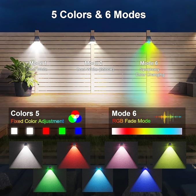 Waterproof Solar Fence Lights, Up to 30+ Hours Runtime Dusk to Dawn, RGB Color Changing Red White Blue Fixed Color for 4th of July Father's Day Decor Gift, Solar Deck Lights for Yard Garden