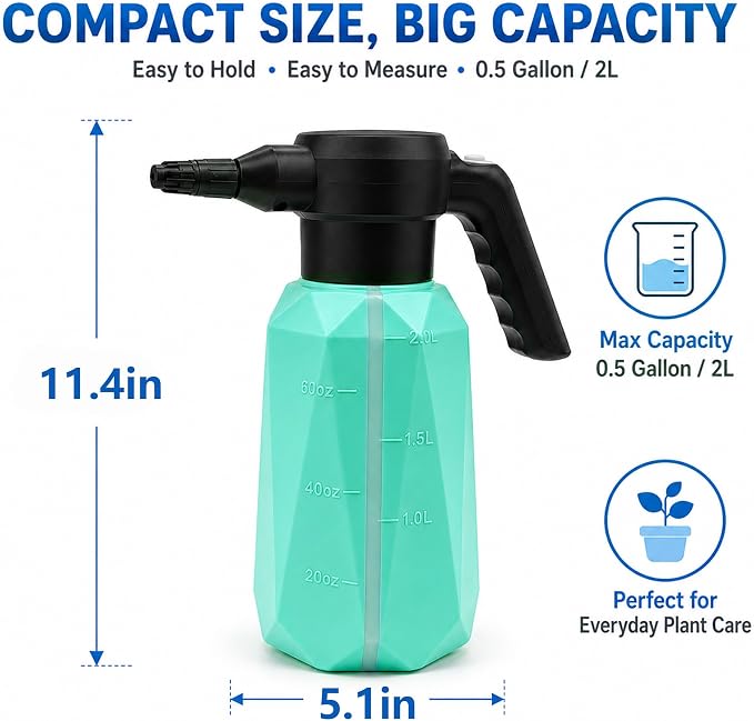 Battery Powered Sprayer, 1/2 Gallon Electric Spray Bottle with 2200mAh Battery 3H Runtime, 3 Speeds 2 Nozzles, Flexible Rubber Wand, Transparent Tank with Measuring Cup Cap, Blue