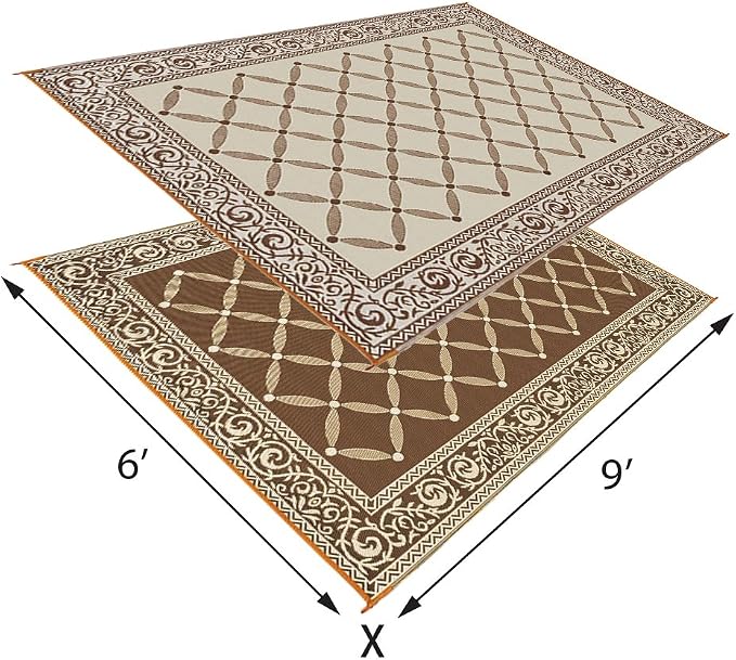 Stylish Camping 116097 6-feet by 9-feet Reversible Mat, Plastic Straw Rug, Large Floor Mat for Outdoors, RV, Patio, Backyard, Picnic, Beach, Camping (Brown/Beige)