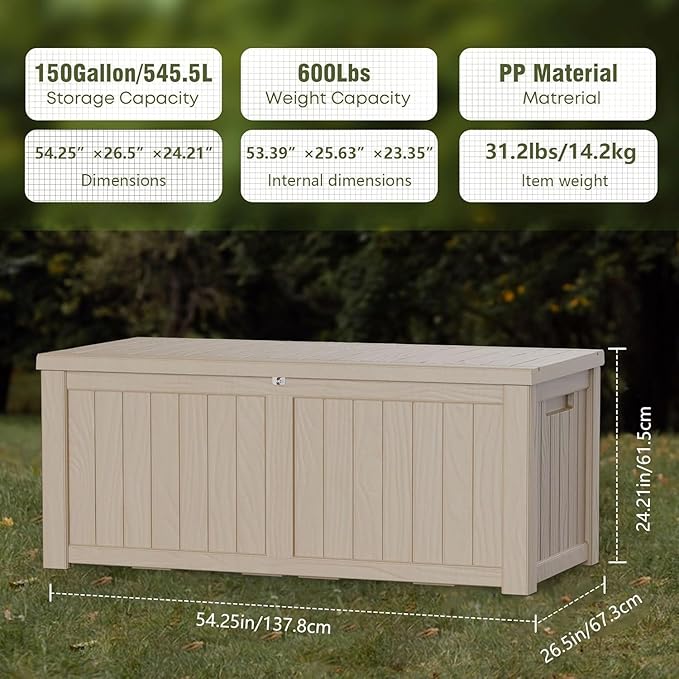 Outdoor Storage Deck Box Waterproof, 150 Gallon Large Lockable Patio Storage Bin Chest, Resin Outside Container Seat Bench for Furniture Cushions, Pool Accessories, Garden Tools & Delivery, Grey