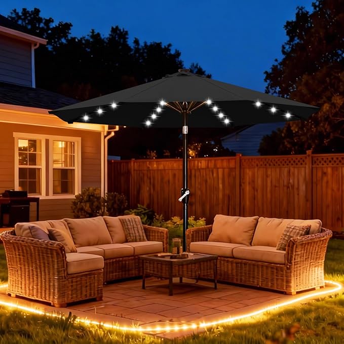 ABCCANOPY Durable Solar Led Patio Umbrellas with 32LED Lights 9FT (Black)