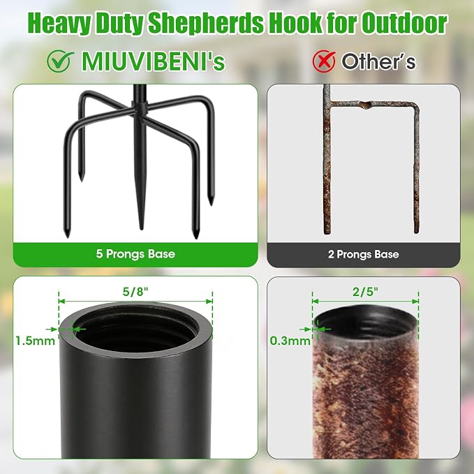 79 Inch Double Shepherds Hooks for Outdoor, Heavy Duty Bird Feeder Pole with 5 Prong Base for Hanging Lantern, Hummingbird Feeder, Lightweight Plant, Shepherd Hook for Bird Feeder for Outside, 2 Packs