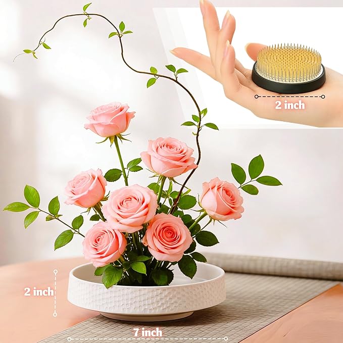 Japanese Ikebana Kit Floral Frog Japanese Flower Arranging Supplies Flower Container with Needle Straightening Tool & Kenzan - 2.4inch Flower Frog, Bowl Vase (White Hammering Pattern)