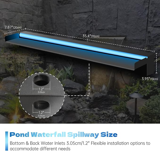 Pamopamo Pool Waterfall Spillway Stainless Steel Pond Fountain, APP Control Colorful LED Lighted Outdoor Black Fountains, Water Flow Spillways Kit for Koi Pond, Swimming Pool, Garden-35.4"x7.8"x3.9"