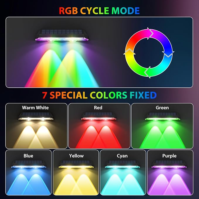 Solar Fence Lights ,RGB & Warm White & 6 Colors Bright Lens LED Dusk to Dawn Deck Light, Fence Solar Lights Outdoor Waterproof, Solar Outdoor Lights for Backyard/Railing/Wall/Step/Patio/Pool (8Pack)
