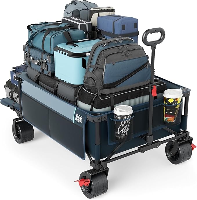 Timber Ridge 600L Beast Wagon 26" W Extra Wide All Terrain Folding w/Big Wheels, Cargo Net & Tailgate, 26" W and 55.25" L, 500lbs Heavy Duty Collapsible Portable Cart for Camping, Sports, Dogs, Blue