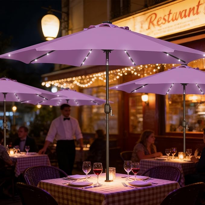 Blissun 9 ft Solar Umbrella, Patio Umbrella with 32 LED Lights, Table Market Umbrella, Outdoor Umbrella for Garden, Deck, Backyard (Lilac)
