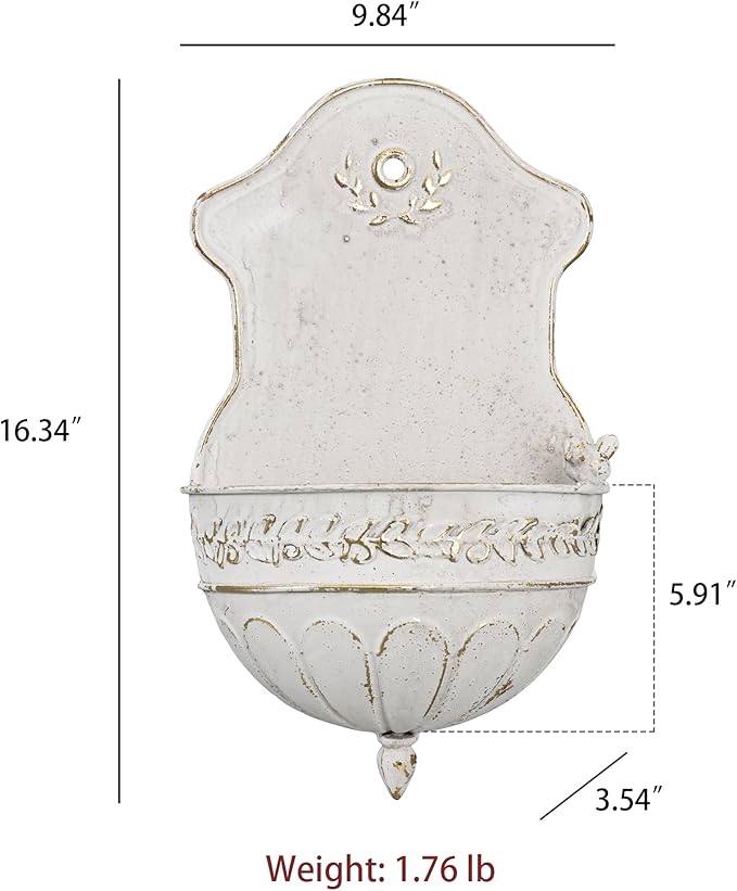 Vintage Distressed White Metal Wall Planter, Rustic Hanging Pocket Planter with Scrollwork & Scalloped Design, Farmhouse Wall Decor for Indoor & Covered Outdoor Garden, Porch & Entryway (White Gold)