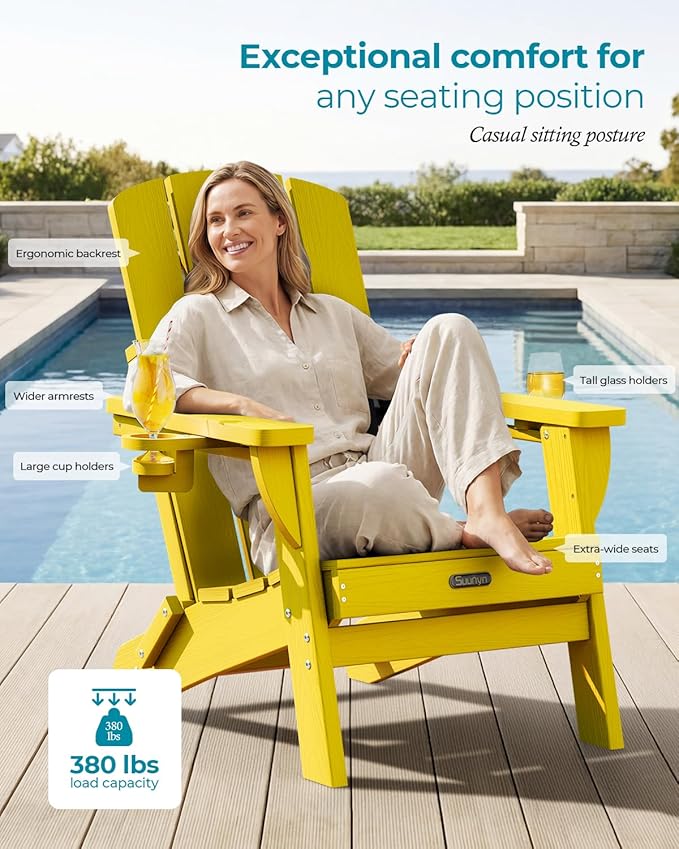 Folding Adirondack Chair, HDPE All-Weather Fire Pit Chairs, Plastic Adirondack Chairs with 2 Cup Holder, Outdoor Lawn Chair for Patio Garden (Yellow)