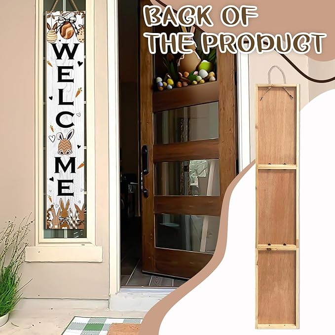 Easter Welcome Sign for Front Door, 47'' Tall Happy Easter Bunny Wooden Porch Sign for Patio, Rabbit Eggs Standing Vertical Door Signs Spring Rustic Yard Signs Seasonal Outdoor Signs for Garden