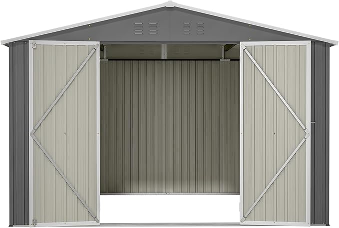YOPTO 10×10 FT Outdoor Storage Shed,Metal Aluminum Waterproof Tool Sheds with Doors and Vents,Heavy-Duty Sheds Unit W/Lock and Key,for Storing Bicycles,Lawnmowers,Barbeques,Gray