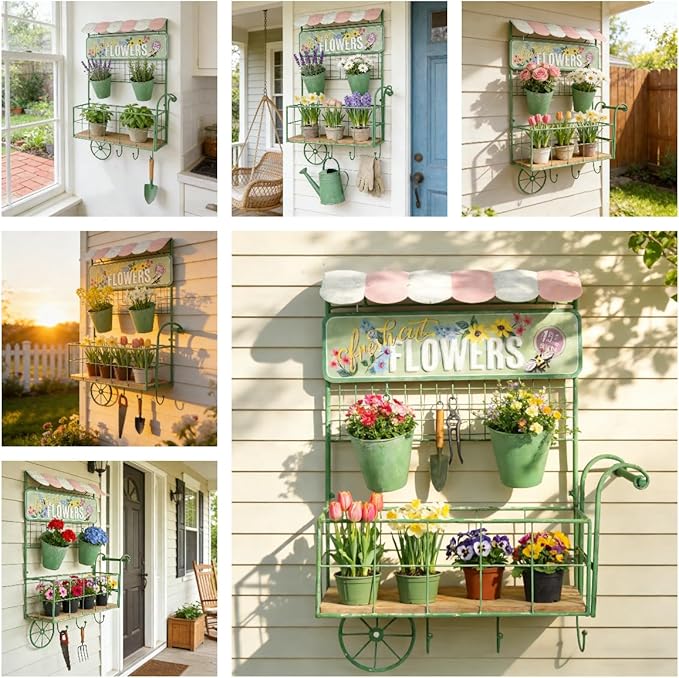 Vintage Wall-Mounted Flower Cart Organizer - Rustic Green Metal & Wood Hanging Planter with 2 Bucket Planters for Indoor/Outdoor Garden, Kitchen, Patio Decor