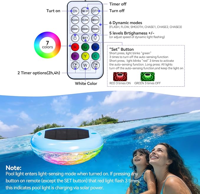 Floating Pool Lights Solar Powered, 6.7 Inch 13 RGB Upper & Lower Color Changing Solar Pool Lights that Float, 2600mAh Rechargeable IP68 Waterproof Pool Lights with Remote for Hot Tub Party 4 PCS