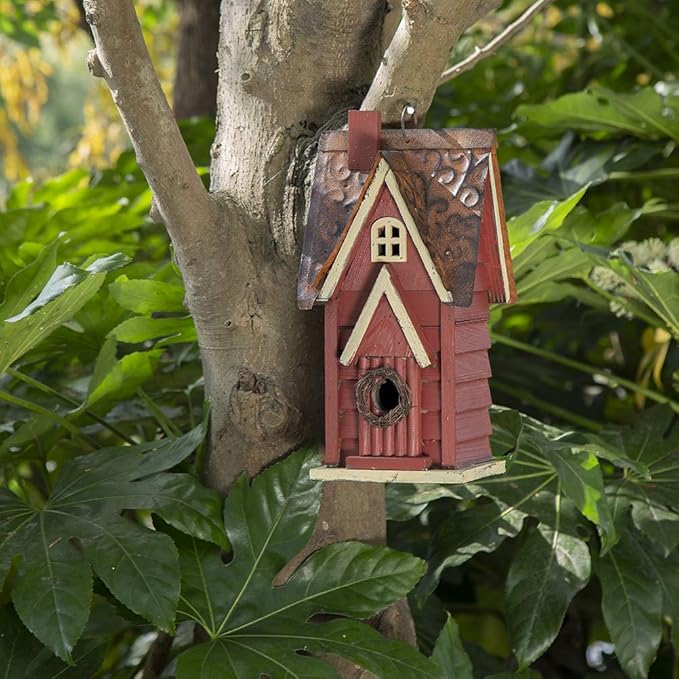 Glitzhome Blue Bird House, 12" H Solid Wood Bird House for Outside, Distressed Cottage Garden Decorative Birdhouse Hanging Bird House for Outdoors,Red