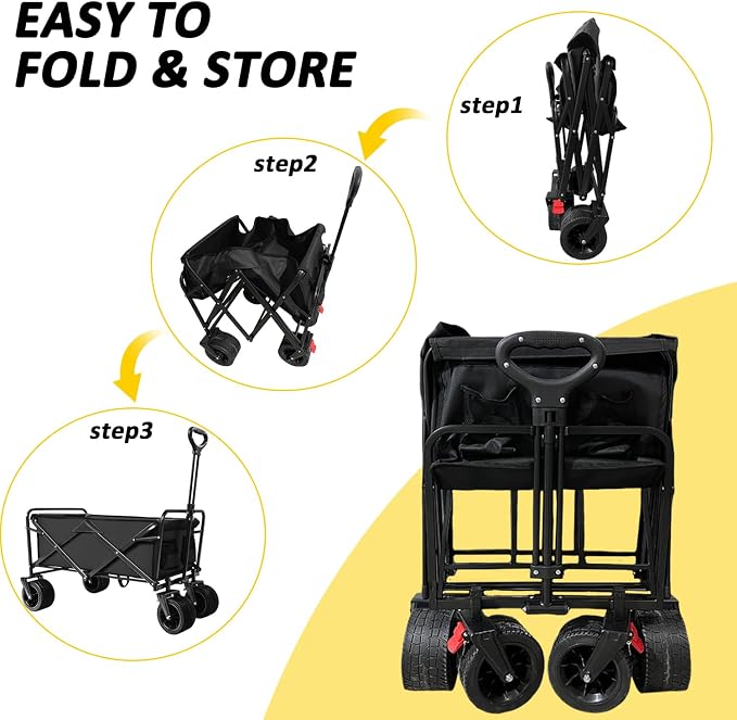 Heavy Duty Collapsible Wagon Cart with Wheels - Large Capacity Foldable Portable Utility Wagon for Grocery, Beach, Camping & Sports Shopping, Black