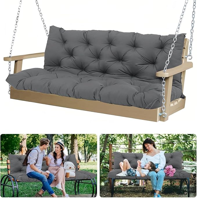 5 Inch Thick Waterproof Patio Porch Swing Cushions, 60x40 Inch 3 Seater Replacement Cushion with Backrest & 8 Ties, Fade-Resistant Outdoor Bench Swing Pad