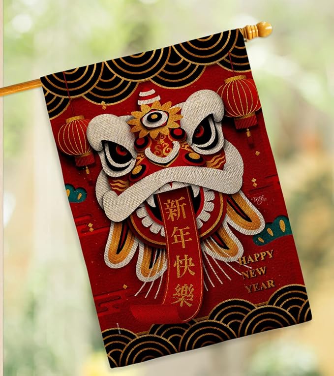 Happy Lion Dance Wall Decor American Flag Banner Pack Patio Garden Patriotic Outdoor Yard Indoor Burlap Tapestry Lunar New Year Gifts Chinese Decorations Made in USA