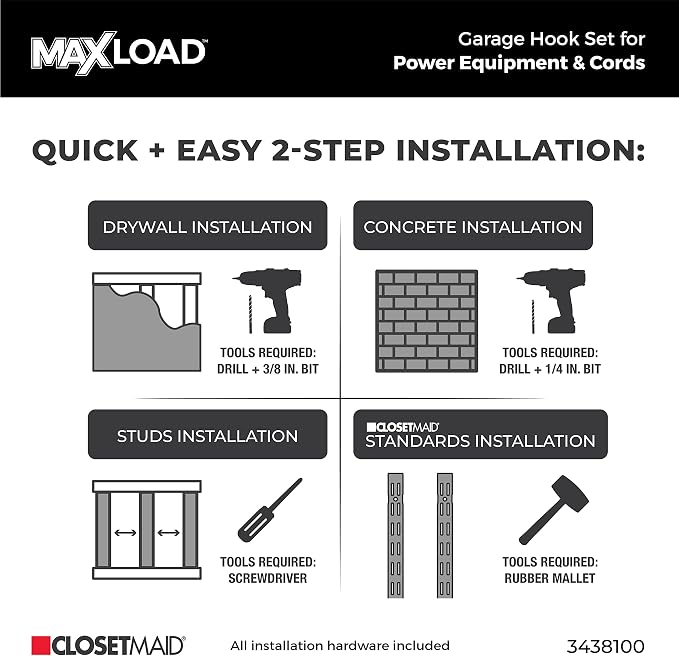 ClosetMaid MaxLoad 2-Pack Garage Hooks & Hangers Wall Mount Heavy Duty Storage for Cords, Hoses, Power Equipment, Black