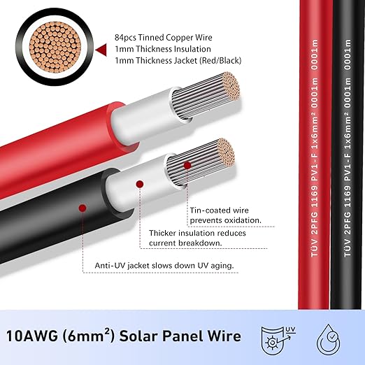 10Feet Solar Extension Cable 10Ft 10AWG (6mm²) Red & Black PV Wire Male Female Connector Adapter Gauge Wire for PV System,Roof Kits,Marine,RV,DC Solar Power Cable (10Ft 10Awg)