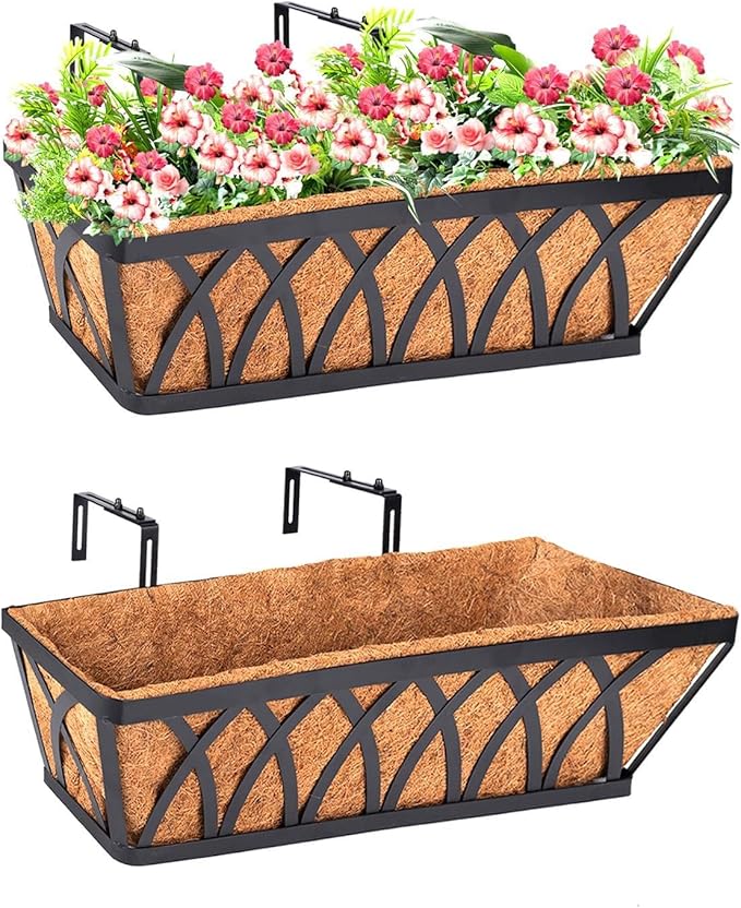 LCHUANG Deck Railing Planter Window Box - 2 Pack 24 Inch Deck Balcony Rail Planter with Coconut Coir Liner, Fence Metal Hanging Flower Planter Basket Deck Railing Planter Boxes for Outdoor Lawn