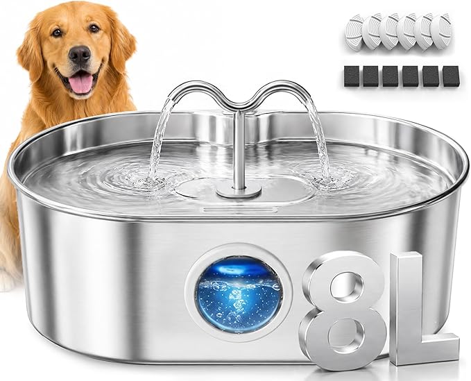 Dog Water Fountain, 270 oz / 2 Gallon / 8 L Stainless Steel Water Fountain for Indoor Multi-Pet Homes, Automatic Water Dispenser for Dogs & Cats, 6 Filters & Sponges Included