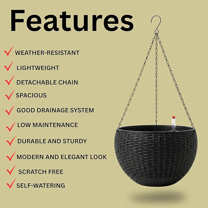 LaLaGreen Hanging Planters for Indoor Plants (11 Inch, 3 Pack) Self-Watering Round Rattan Style Hanging Flower Pots with Water Level Indicator, Black Metal Chain Baskets for Porch Garden Balcony Decor