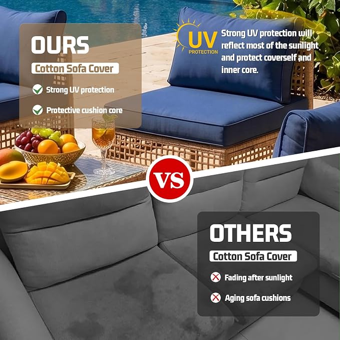 14pcs Outdoor Patio Cushion Covers Replacement, 25.6" Zippered Outdoor Cushion Covers Waterproof, UV Resistant & Washable Patio Furniture Cushion Covers Waterproof for Patio Sectional, Navy Blue