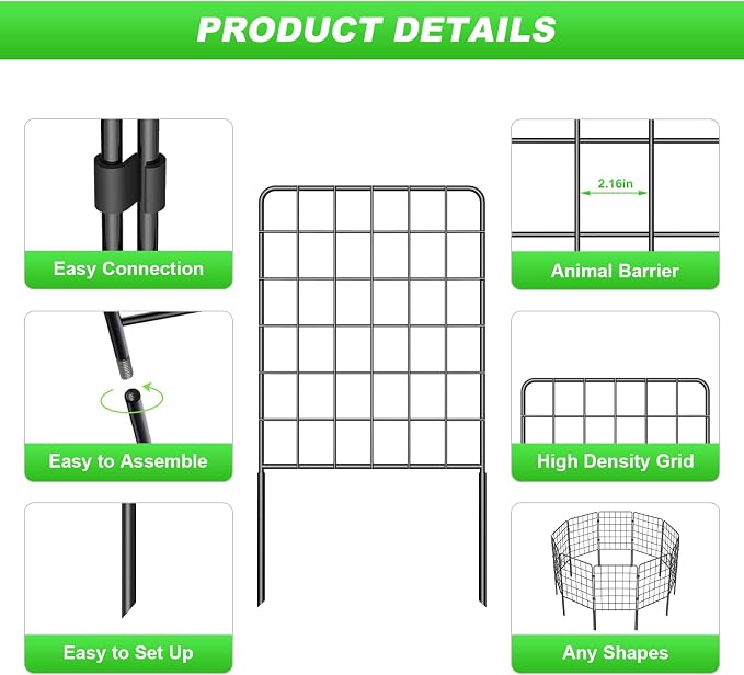 Decorative Garden Fence 19 Pack, 24in(H) x 20ft(L) Animal Barrier Fence, Rustproof Metal Fencing for Yard, Dog Rabbits Wire Section Garden Edging Border for Yard Patio Garden, Grid