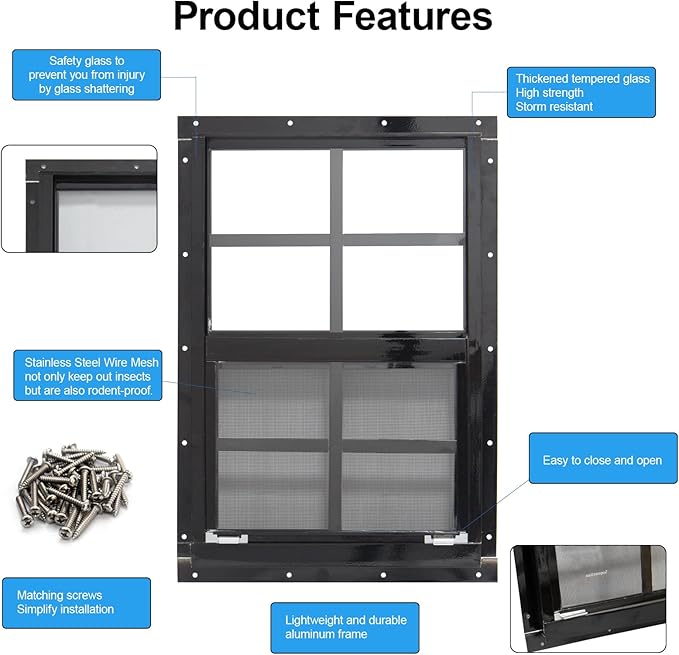 NeatiEase Upgraded Shed Windows 2 Pack, 24" x 24" Windows with Tempered Glass and Stainless Steel Screen for Shed, Chicken Coop, Playhouse, Household, Garage(Black)