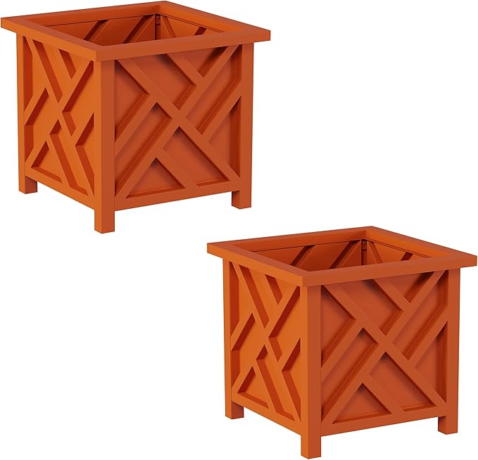 Lattice Design Outdoor Planter Box 2-Pack - 14.75” Square 13” Tall Terracotta Decorative Plant Pots for Front Porch Decor - Flower Pots Outdoor Planters for Porch Patio or Garden Decor by Pure Garden