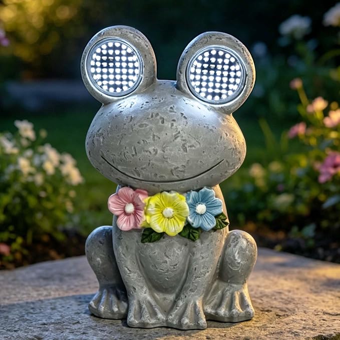 Outdoor Solar Garden Statue, Dynamic LED Light with Flower Sculpture, Art Decor for Patio Porch Lawn Backyard, Housewarming Gifts for Women (Stone Frog)