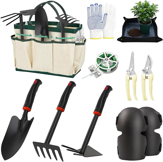 Gardening Tools, Garden Hand Tools for Gardening with Kneeling Pad, Shovel, Pruning Scissors, Repotting Mat, Gloves & Storage Tote Bag, 10Pcs Garden Set Kit Accessories for Women Men