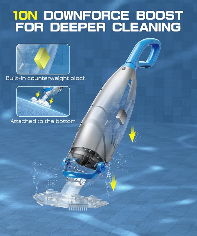 UIRWAY V3 Cordless Pool Vacuum for Above Ground Pools, Upgraded 26.5 GPM Powerful Suction, IPX8 Handheld Rechargeable Cleaner 2 Vacuum Heads & 4 Filter Bags, 1H Runtime, Portable for Inground Pools