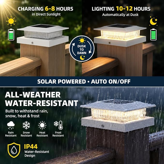 12 Pack Solar Post Cap Lights 4x4, Dual-Color Waterproof Fence Post Solar Lights, Fits 4x4 Vinyl or 3.5x3.5 Wood Posts, Dusk to Dawn Outdoor Lighting for Deck, Garden & Porch Decor, White