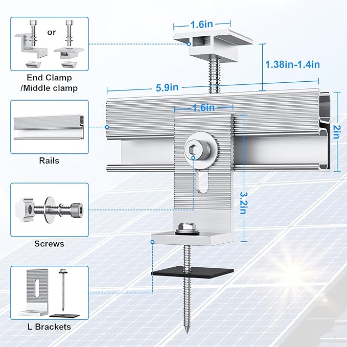 Solar Panel Mounting Bracket Kit, 10Pcs Solar Panel Mount for 1-4pcs Thickness 1.4” Solar Panels, with 10x 6 mini Rails 4X Water Drain Clips for Shingle,Slate,Metal and Tin roof