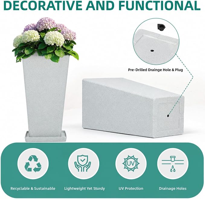 28" Tall Planters for Indoor Outdoor Plants, Set of 2 Large Tapered Flower Pots, Modern Plant Containers for Patio, Garden, Porch, Balcony or Home Decor, White Terrazzo, Durable & UV-Resistant