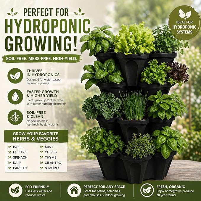 Vertical Garden Planter 4 Tier Stackable System 16 Plants, Space Saving Herb, Strawberry & Food Crop Planter with Center Support Hole for Indoor Outdoor Gardening (4, Midnight Black, Small)
