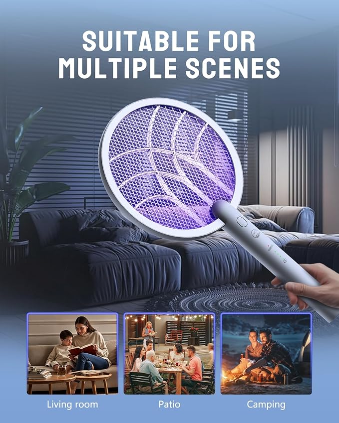 Mosiller Electric Fly Swatter Racket, 4000V Bug Zapper with 1800mah Rechargeable Battery & Dual Modes, 2 in 1 Purple Mosquito Light Killer with 3-Layer Safety Mesh for Indoor Home Patio Camp(1 Pack)