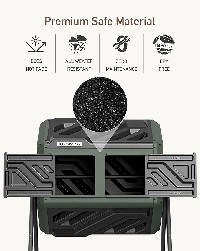 THEGROW'ING 43 Gallon Dual Chamber Compost Bin with Built-in Nuts, Outdoor Rotating Composter Tumbler for Garden Backyard, Green