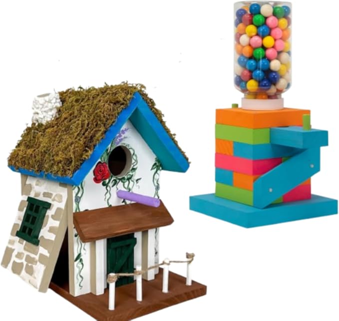 SparkJump Outdoor Craft Builder Bundle – Cottage Birdhouse DIY Kit with STEM Woodworking Candy Dispenser Project for Kids & Families