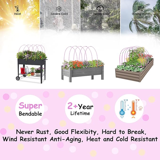 Garden Hoops 60pcs, Sunwuk Greenhouse Hoops for 2.5-5.5ft Wide Raised Bed, 10 Sets of 8.5ft Long Super Bendable Fiberglass Support Hoops Frame, Mini Greenhouse Strip for Row Cover (Pink M Size)