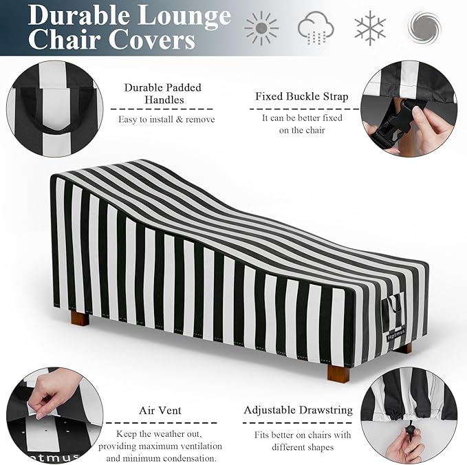 Outdoor Chaise Lounge Cover - Waterproof Heavy Duty Patio Furniture Protection, 84"L x 32"W x 32"H, Black & White Stripe