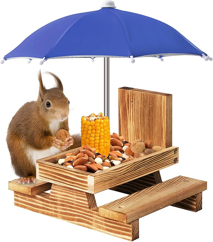 Gnodary Squirrel Feeder with Umbrella, Squirrel Feeders for Outside, Squirrel Picnic Table Feeder - Chipmunk Feeder Hold Corn, Corn Cob, Peanuts Style2 (Blue)