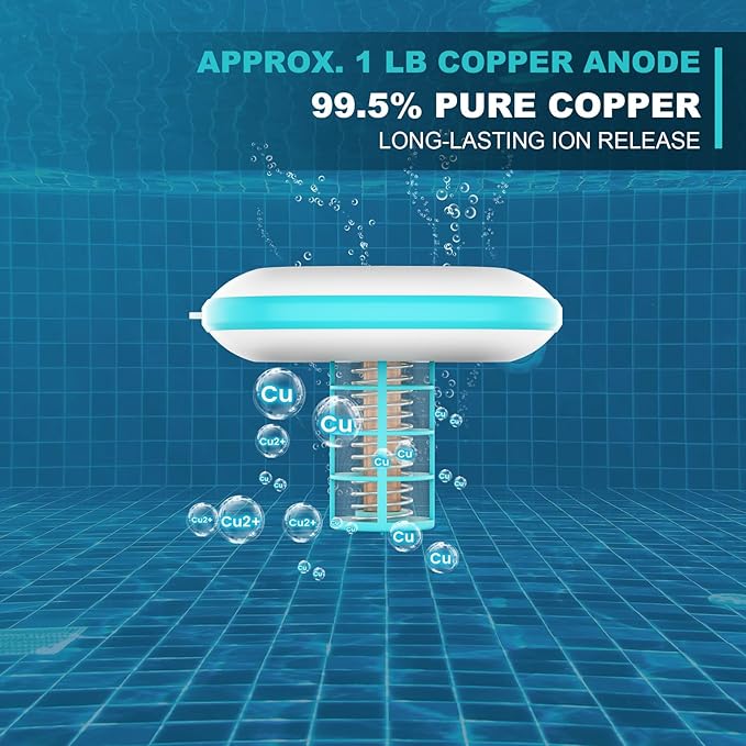 Solar Pool Ionizer for Inground and Above Ground Pools, Up to 45,000 Gal - Heavy Duty 1lb Copper Anode, Reduces Chlorine & Maintenance, Saltwater Compatible Water Clarifier, Lake Blue